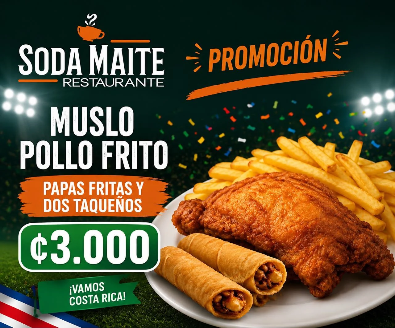 Promoción: muslo de pollo frito con papas y dos taqueños a ₡3.000