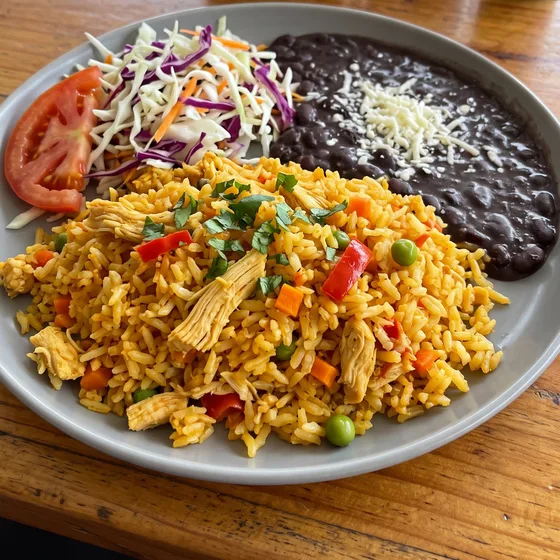 Arroz con pollo y frijoles molidos