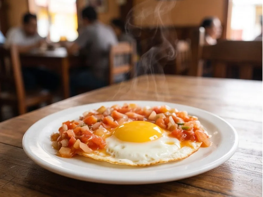 Pinto con huevos rancheros, pan y maduros
